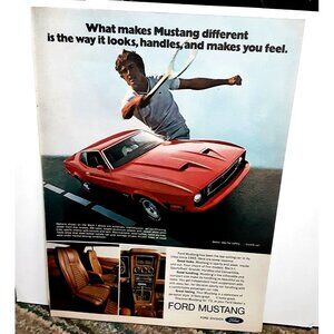 1973 Ford Mustang Mach 1 Red Color Car with Hood Scoops vintage print ad